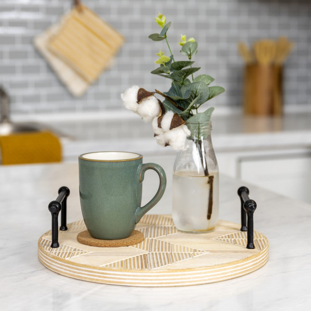 Modern Rustic Carved Chevron Round Tray With Handles