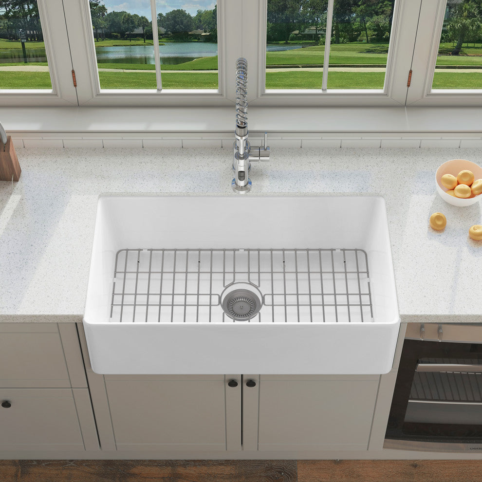 Sinber Farmhouse Apron Single Bowl Kitchen Sink with Fireclay 2 Accessories, White, 33" X 18"