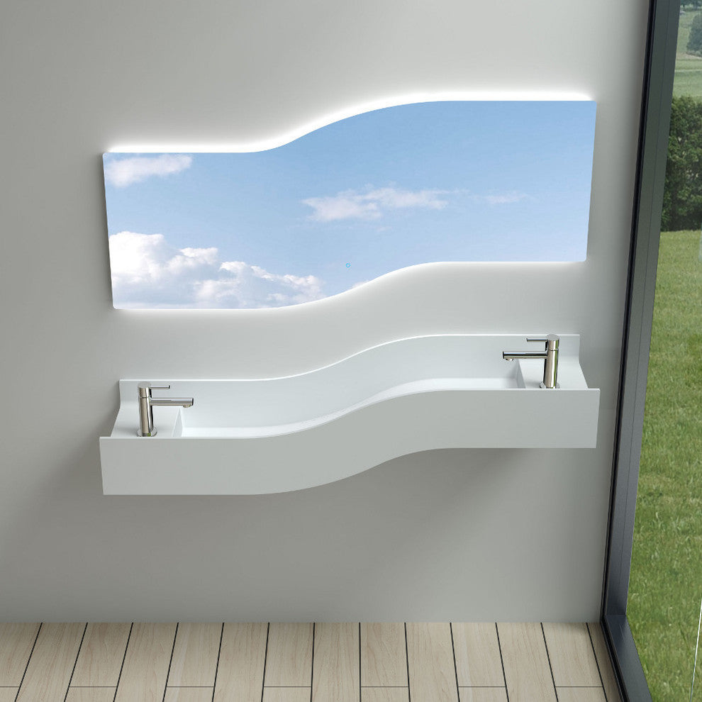 55" Polystone Left Wave Wallmounted Sink, Glossy White, No Faucet