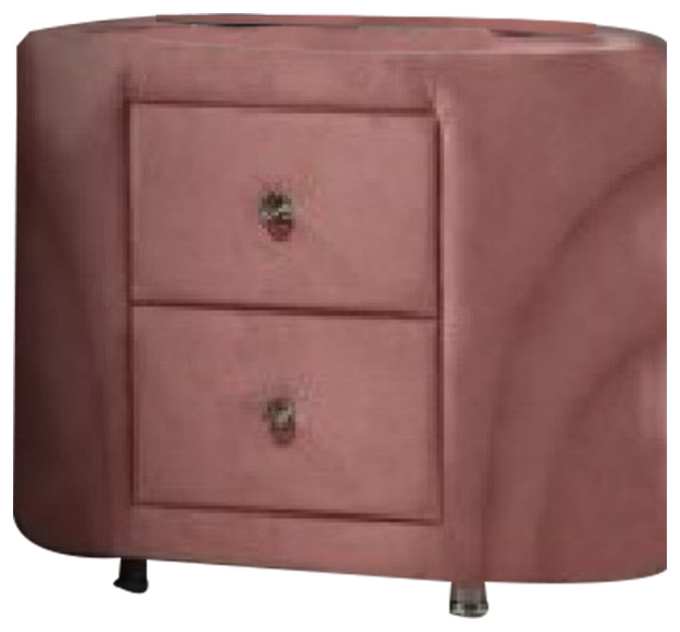 Benzara BM275665 Modern Nightstand, 2 Drawers, Round Metal Knobs, Velvet, Pink