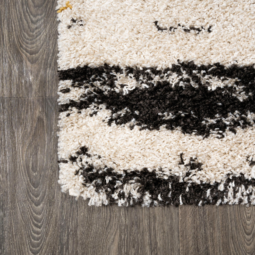 Nova Modern Bold Strie' Shag Beige/Black/Yellow 5'x8' Area Rug