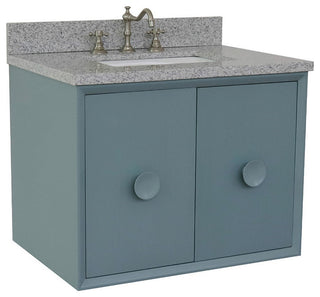 31" Single Wall Mount Vanity, Aqua Blue Finish With Gray Granite Top