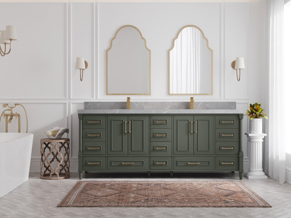 Aberdeen 84 Double Sink Bath Vanity in Pewter Green 2" Pearl Gray