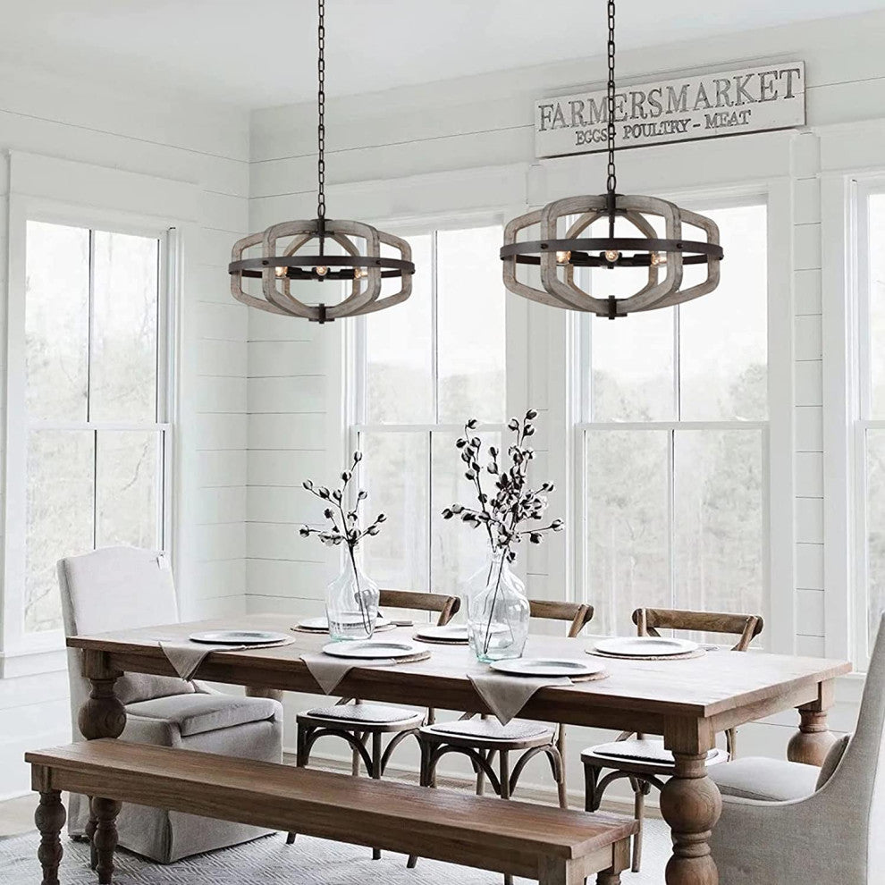 6 Light Wood Farmhouse Chandelier Rust Cage Vintage Pendant Hanging Light