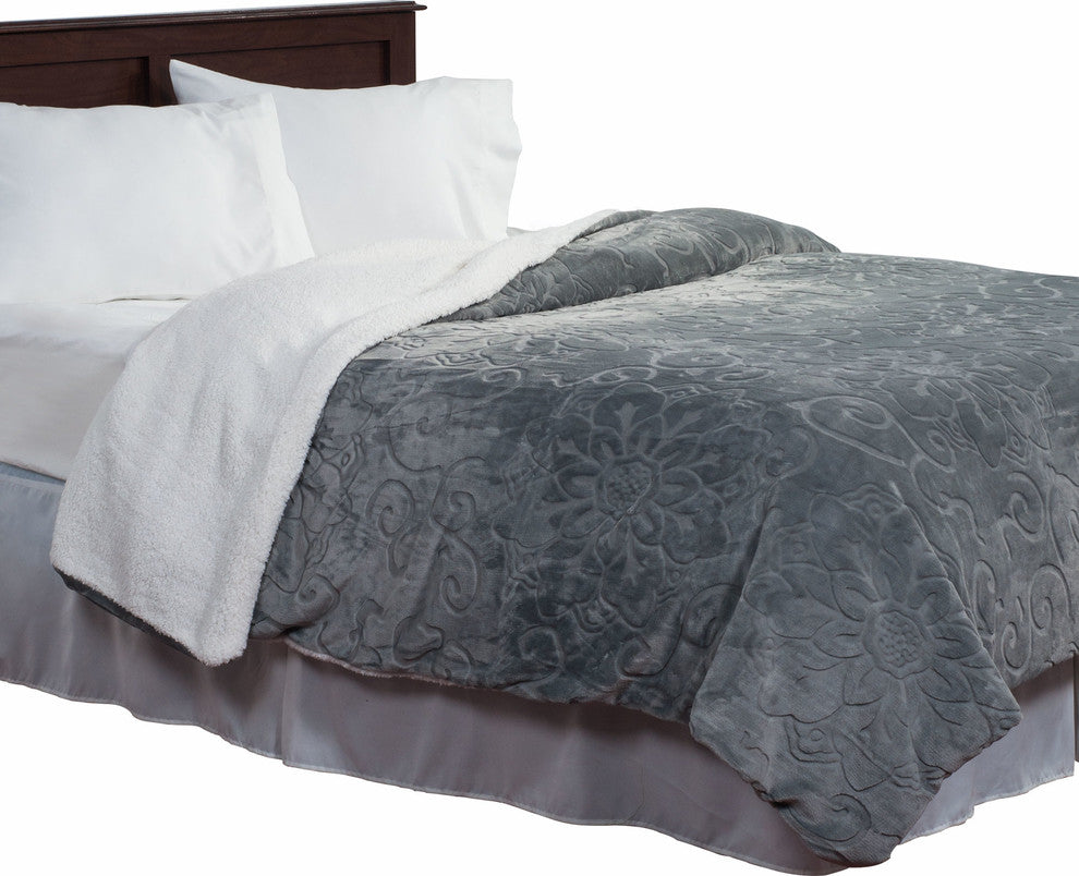 Floral Etched Fleece Blanket with Sherpa Backing, King, Gray