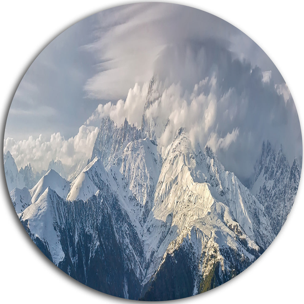 Ushba Peak In Clouds, Landscape Photo Disc Metal Wall Art, 11"