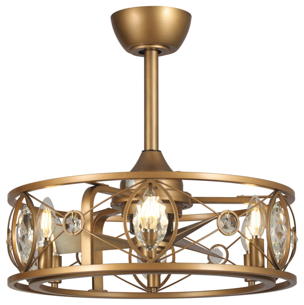 22 in Indoor Brass Gold Crystal Caged Ceiling Fan Chandelier With Remote