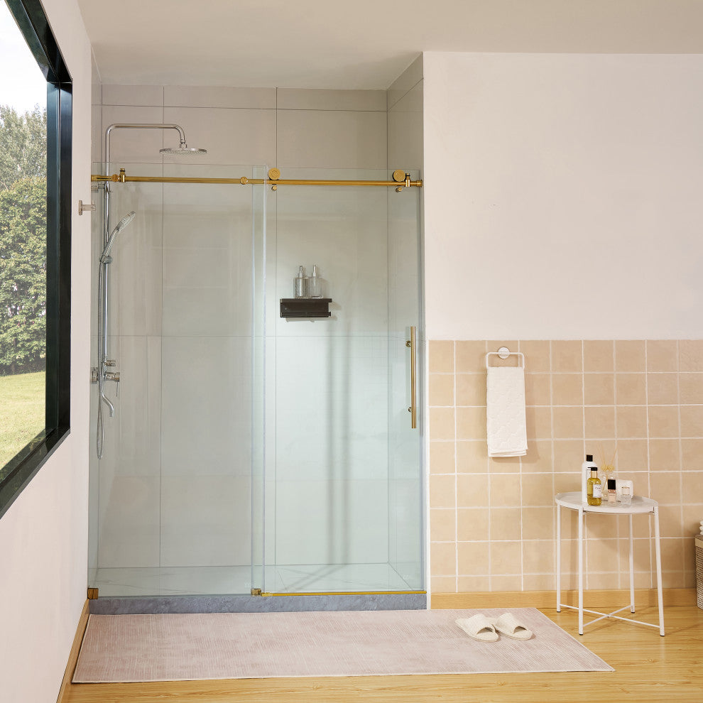 56"“60"Wx76" Frameless Sliding Shower Door With Clear Glass, Titanium Gold