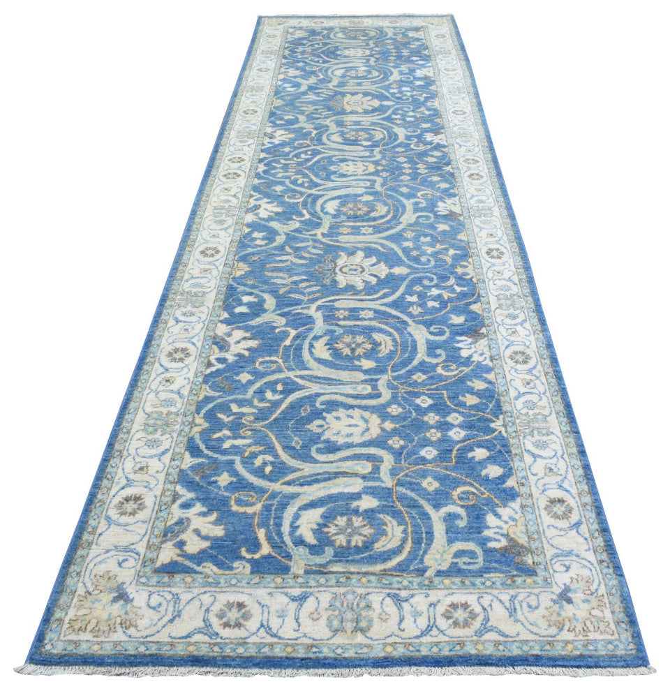Sapphire Blue Fine Peshawar Soft Wool Hand Knotted Wide Runner Rug, 3'9"x13'3"