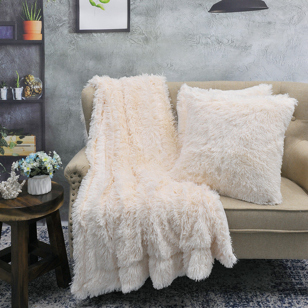 Shaggy Throw Blanket and 2 Pillow Shell 3 Piece Set, Ivory, Throw 50"x60" and 2 Pillow Shells 20"x20"