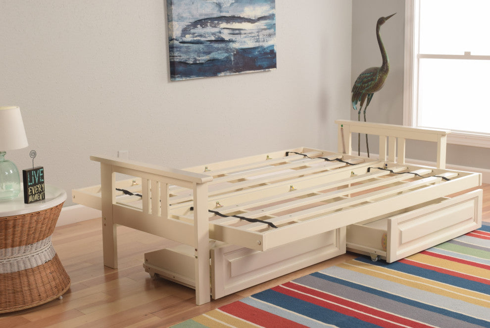 Caleb Frame Futon With Antique White Finish, Storage Drawers, Suede Blue