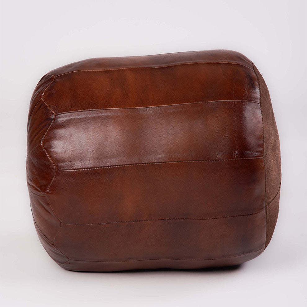 Pouf-Solid Handmade Leather Pouf, Floor Pillows and Poufs, 14x14x14