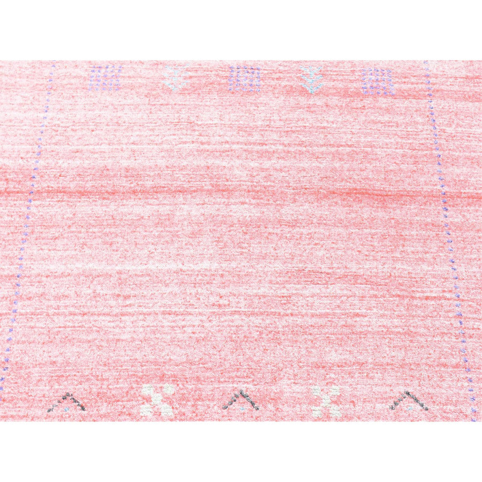 Pink, Modern Grass Design, Wool and Silk Hand Loomed XL Runner Rug, 2'6"x17'9"