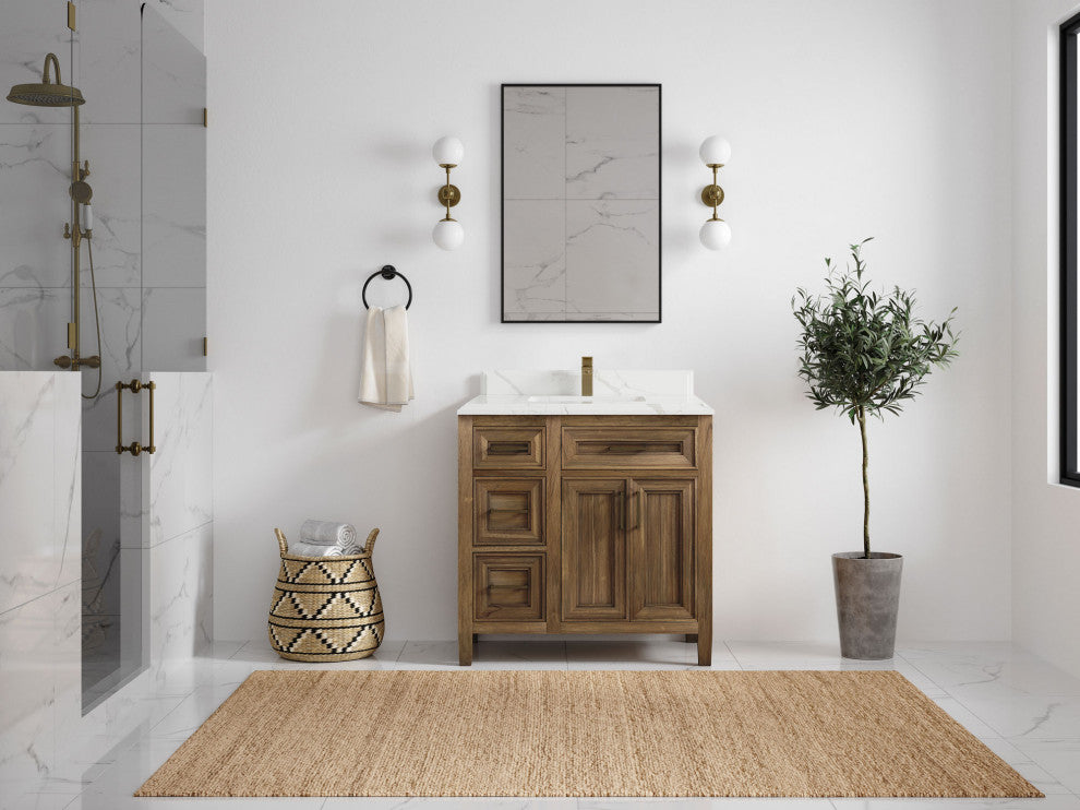 Santa Monica 36 Center Sink Bath Vanity in Graywashed Teak 1.5" Calacatta Laza