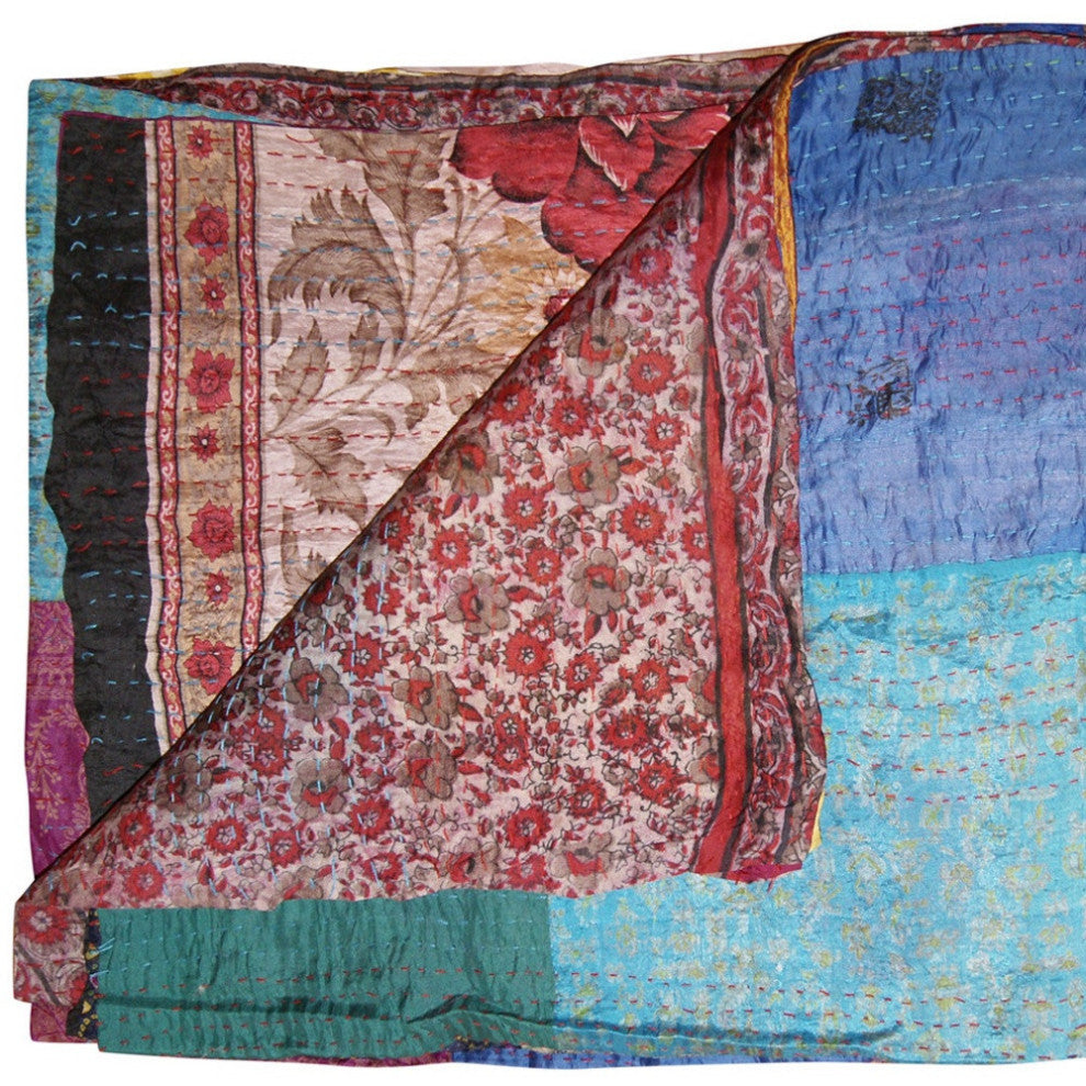 60" X 90" Blue Brown and Green Kantha Cotton Patchwork Throw with Embroidery