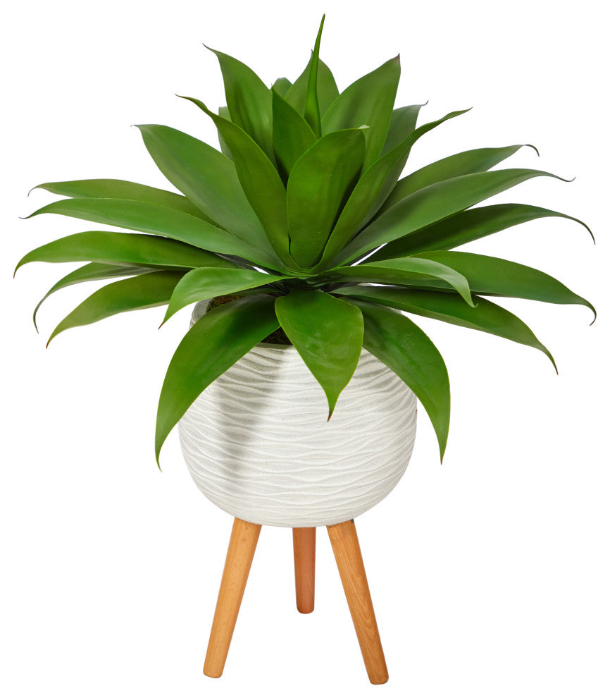 33" Agave Succulent Artificial Plant, White Planter With Stand