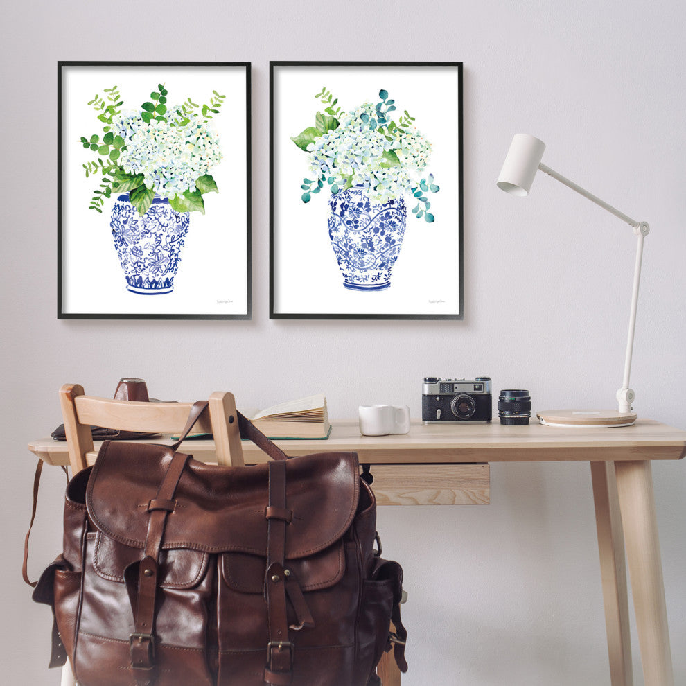 Blue Floral Bouquets Lush Green Botanicals Ornate Pot,2pc, each 24 x 30