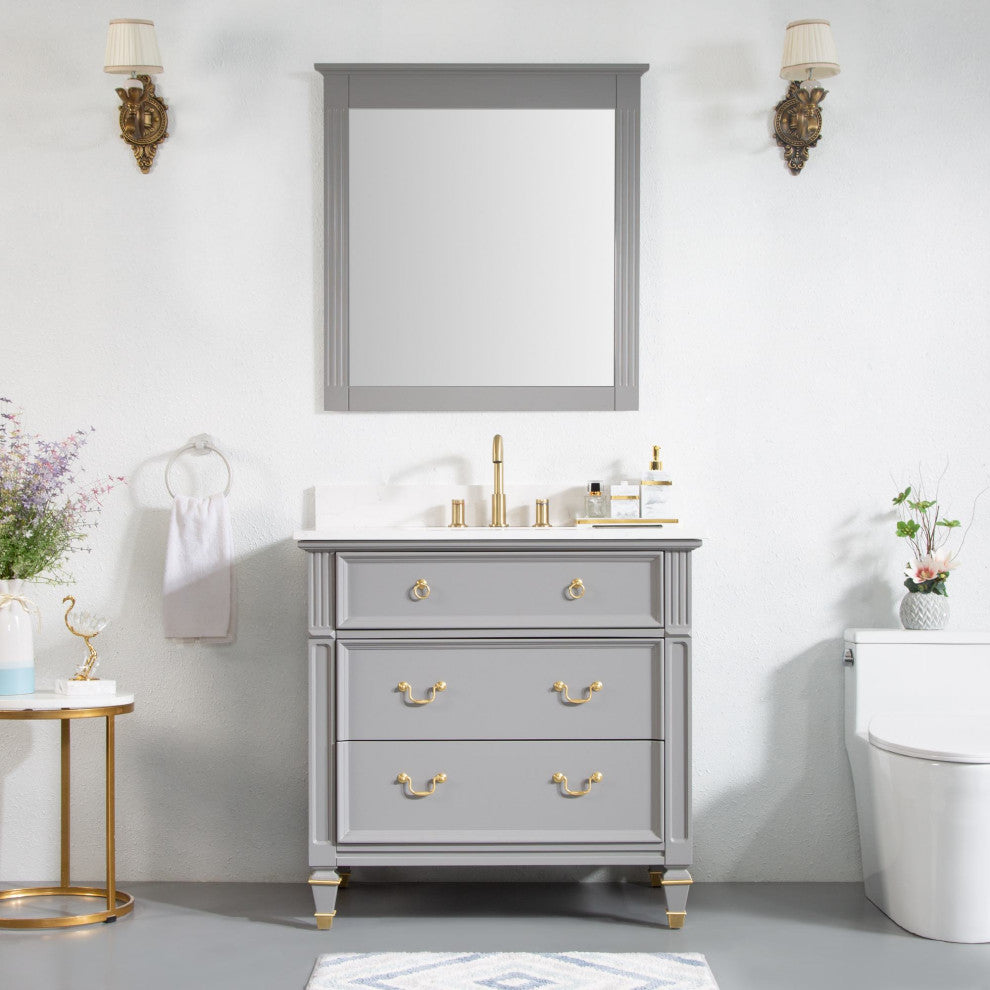 36 In Solid Wood Bathroom Vanity with Quartz Top and cUPC Certified Sink, Titanium Grey