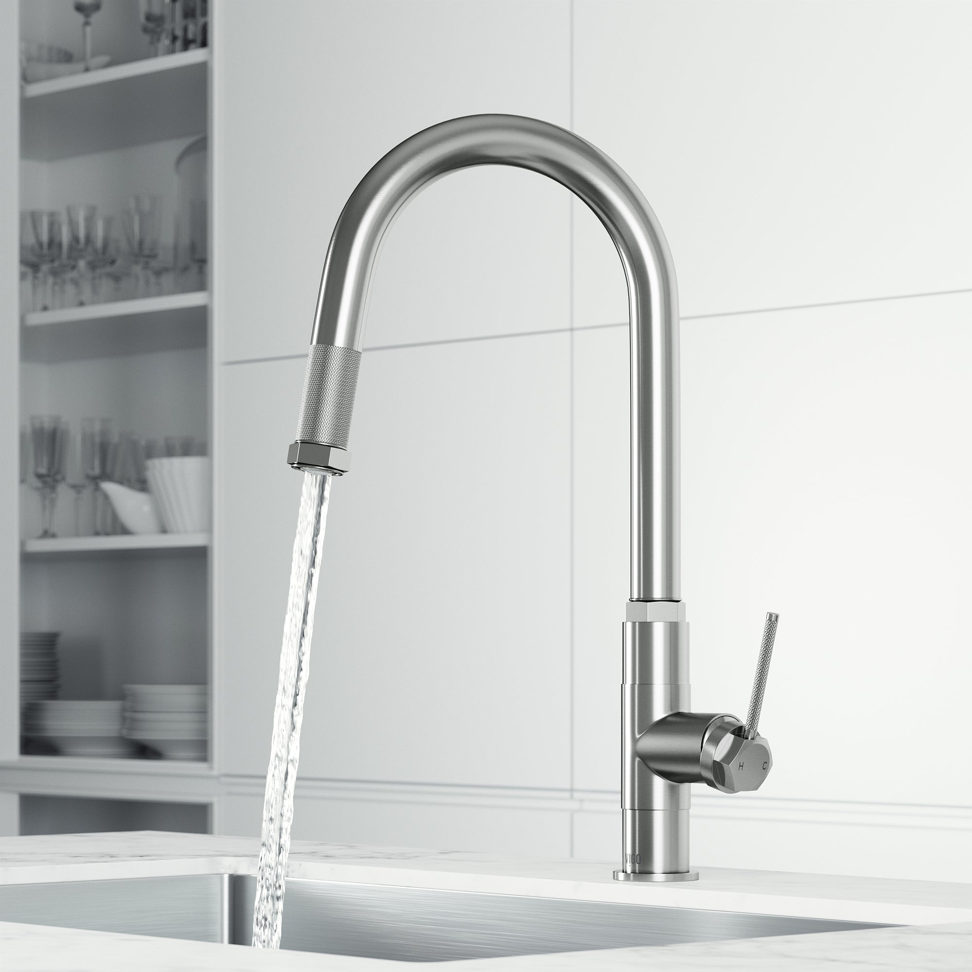 VIGO Hart Arched 18" H Single Handle Pull-Down Kitchen Faucet, Stainless Steel, Without Extras