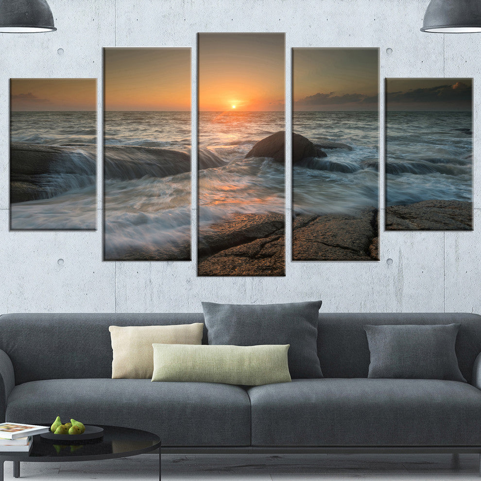 Lashing Sea Waves At Sunset, Beach Photo Canvas Print, 60"x32", 5 Panels