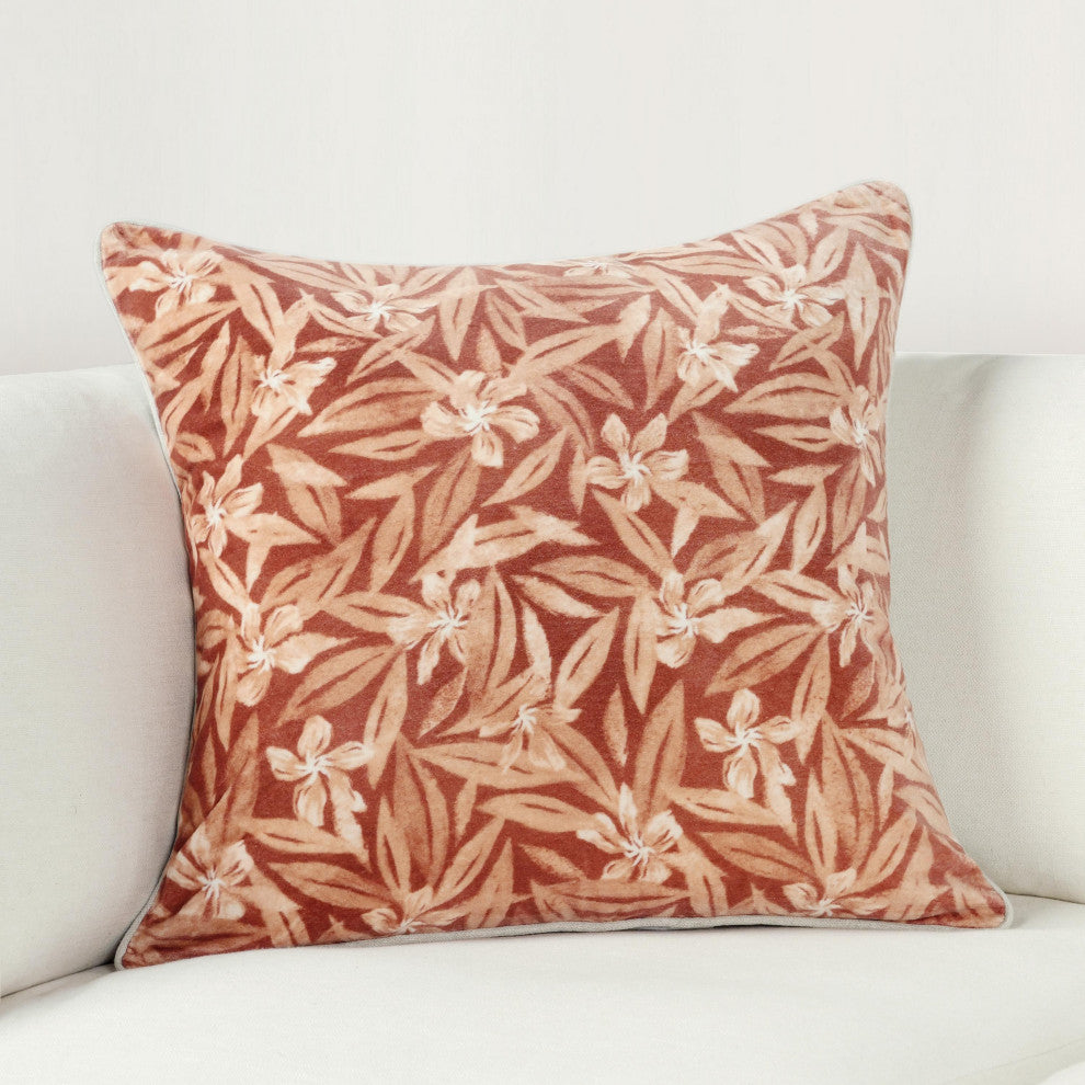 Lamia 22" Cotton Velvet Fabric Botanical Throw Pillow, Clay