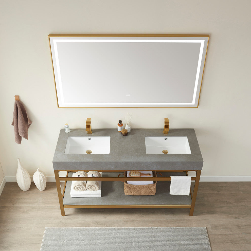 Funes Bath Vanity with Mirror, Brushed Gold Support, 60" Double Sink, Grey Stone Top