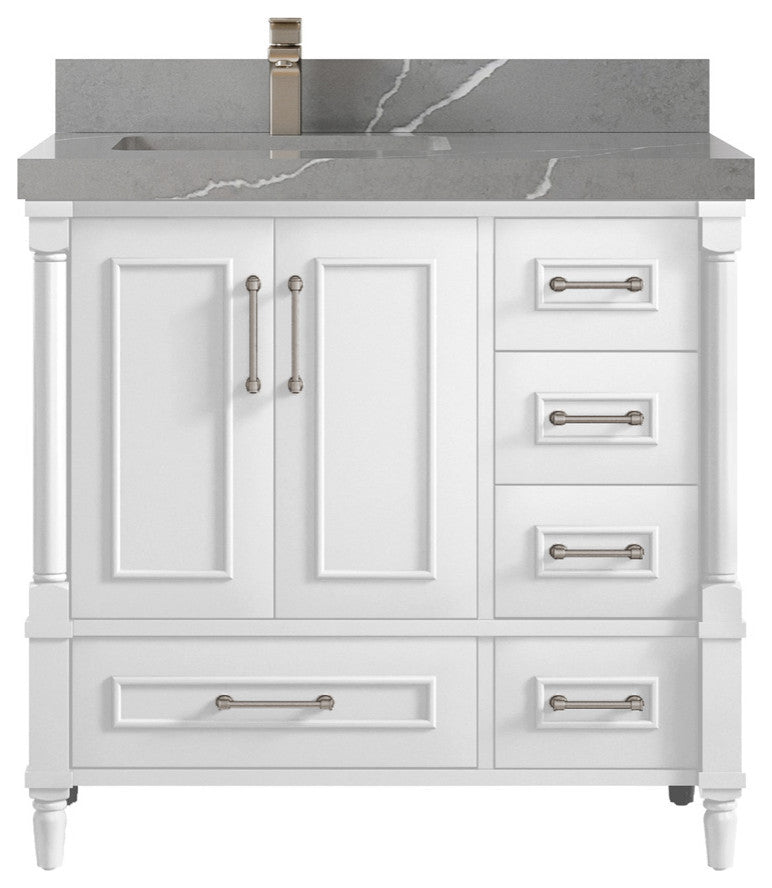 Aberdeen 36 Left Offset Bath Vanity in White 2" Piatra Gray