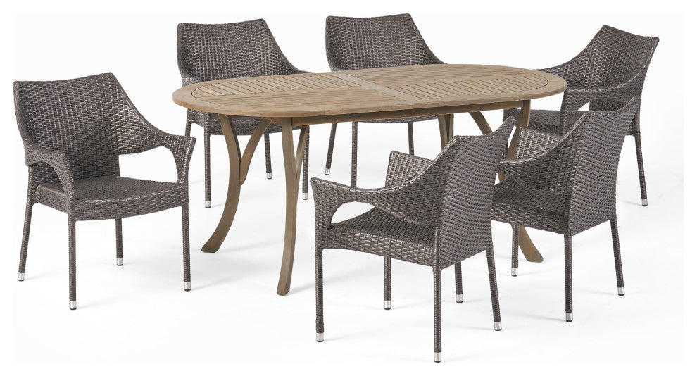 GDF Studio 7-Piece Harris Outdoor Wood and Wicker Dining Set, Gray Finish/Gray