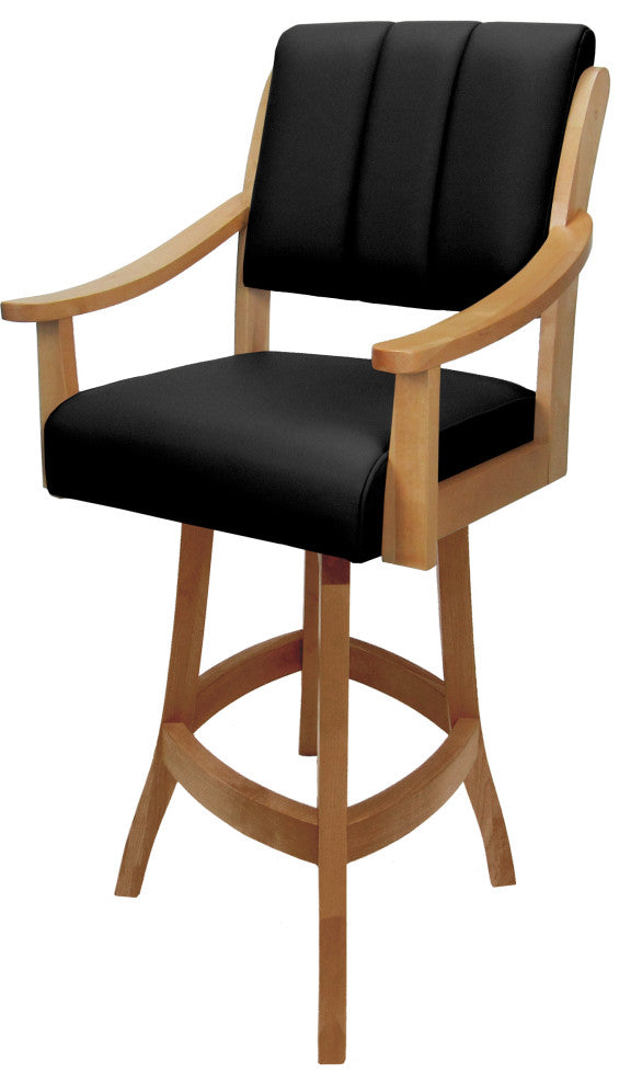 Leather Swivel Wood Bar Stool Casa on S-Base, Black Leather on Honey, 26"