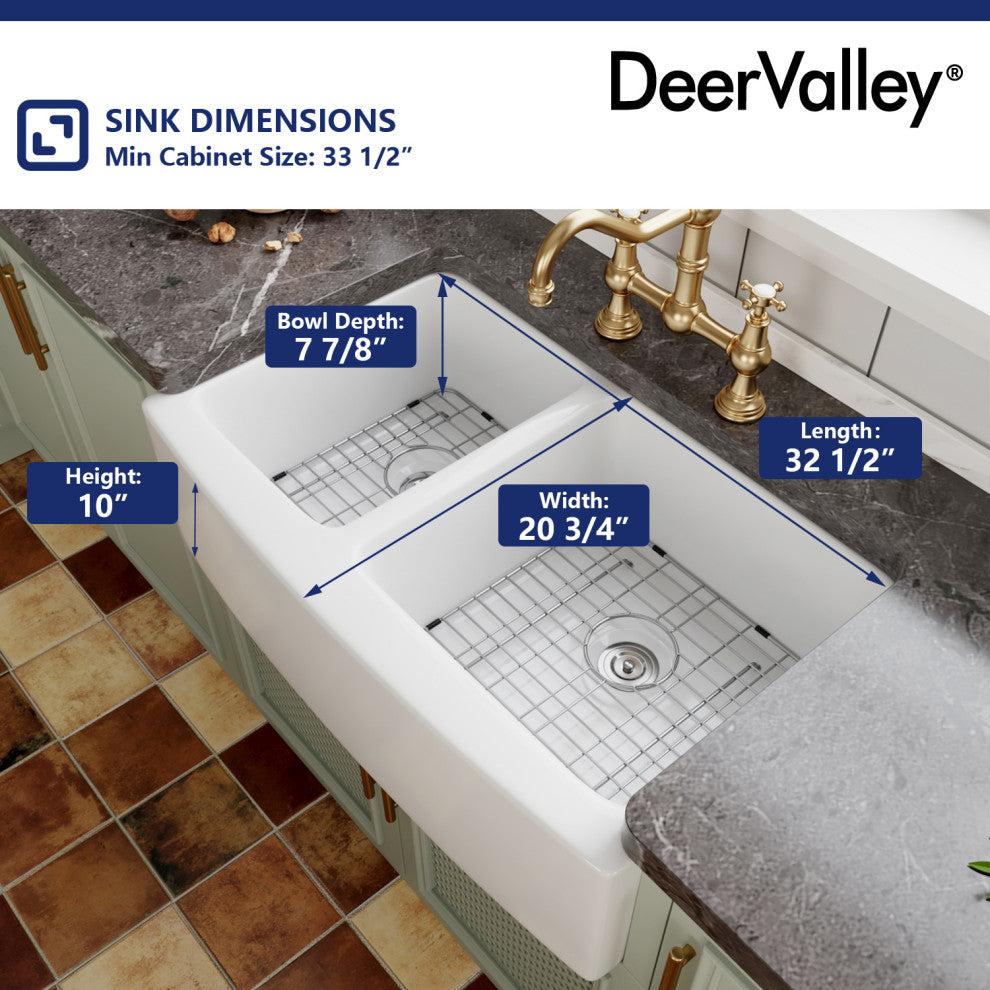 33" X 21" Double Basin Farmhouse Kitchen Sink with Sink Grid and Basket Strainer