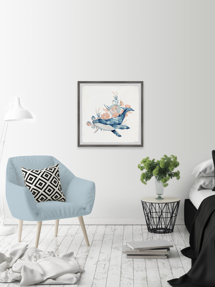 "Whale and Flowers" Framed Painting Print, 12x12
