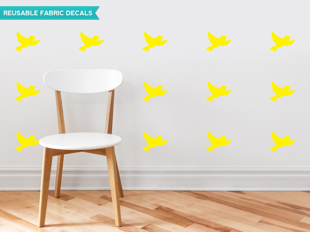 Birds Fabric Wall Decals, Set of 16 Birds, Yellow