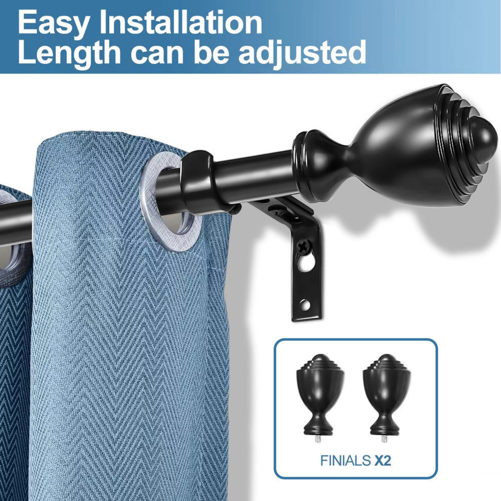 1" Urn Drapery Curtain Rod, Black, 28"-48"