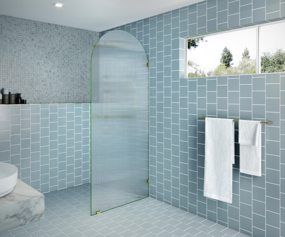 34"x86.75" Frameless Shower Door, Arched Fluted Single Fixed Panel, Polished Brass