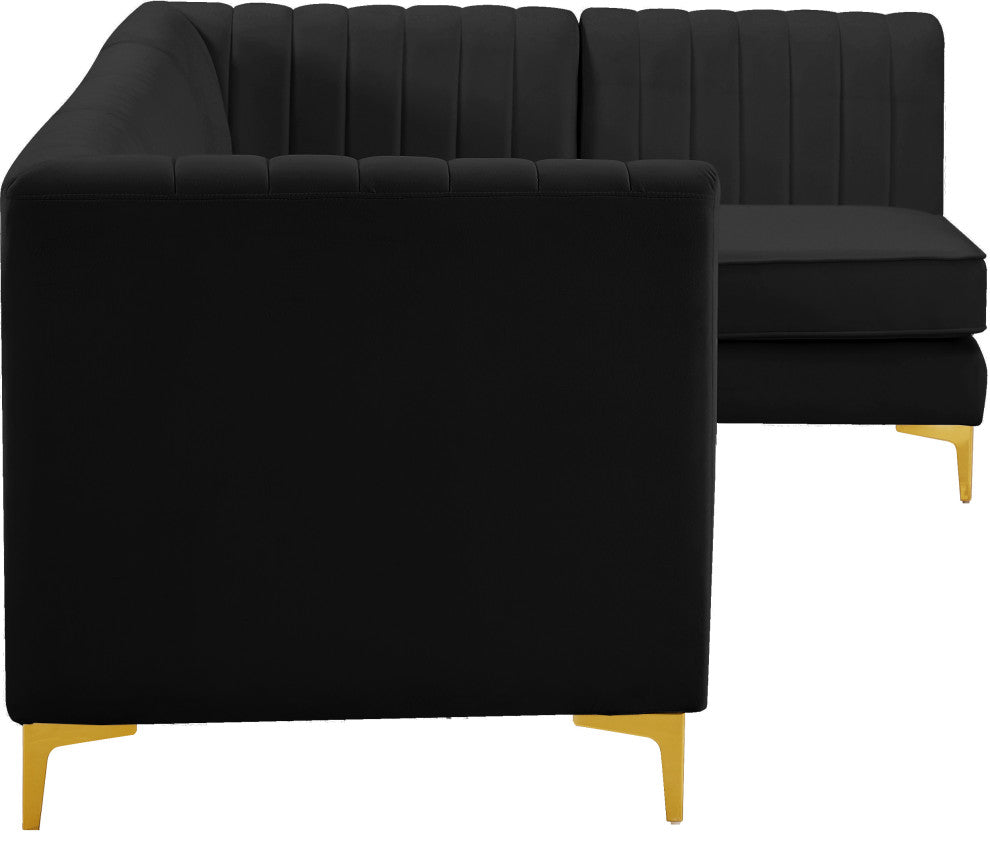 Alina Velvet Modular L-Shaped Modular Sectional, Black, 5-Piece: 3 Armless Chair, 2 Corner Chair