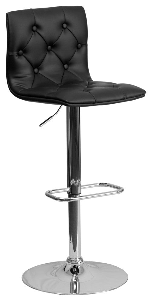 Tufted Vinyl Adjustable Height Barstool With Chrome Base, Black