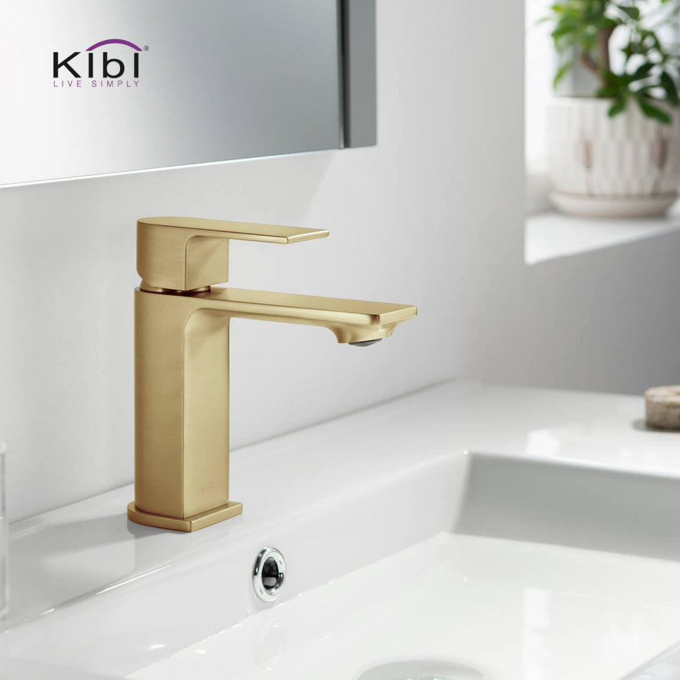 KIBI Mirage Single Handle Bathroom Faucet, Brush Gold, With Drain