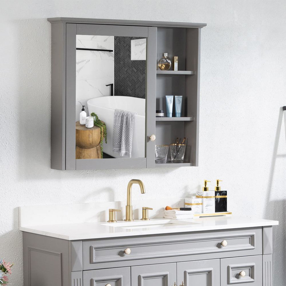 Solid Wood Bathroom Medicine Cabinet With Silver Coated Mirror, Titanium Grey, 34"x30"
