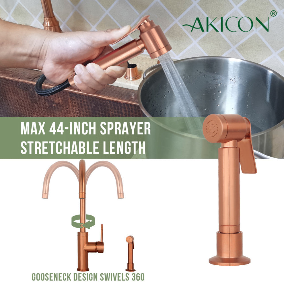 Akicon One-Handle Copper Widespread Kitchen Faucet, Side Sprayer, Copper