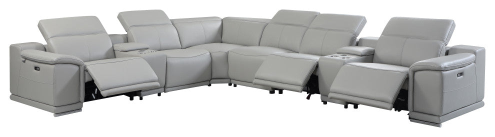 Federico 8-Piece L-Shaped Top Grain Italian Leather Sectional-3 Power Recliners, Light Gray