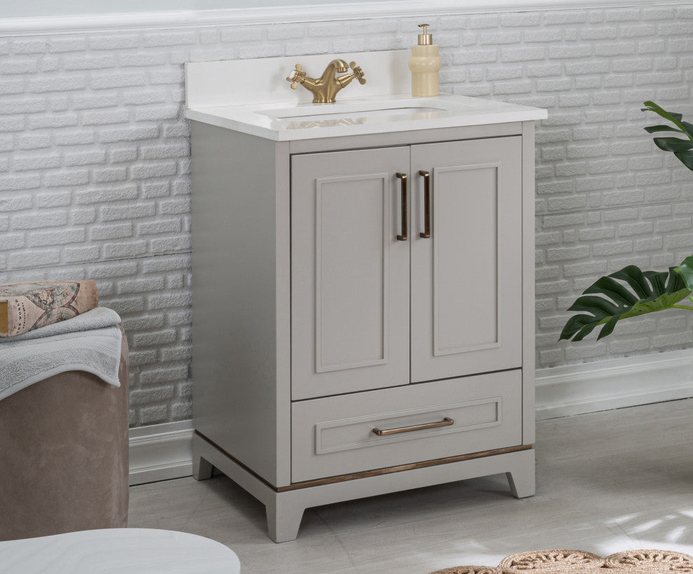 Albia Collection 24" Bathroom Vanity With Quartz Countertop and Ceramic Sink, Gray