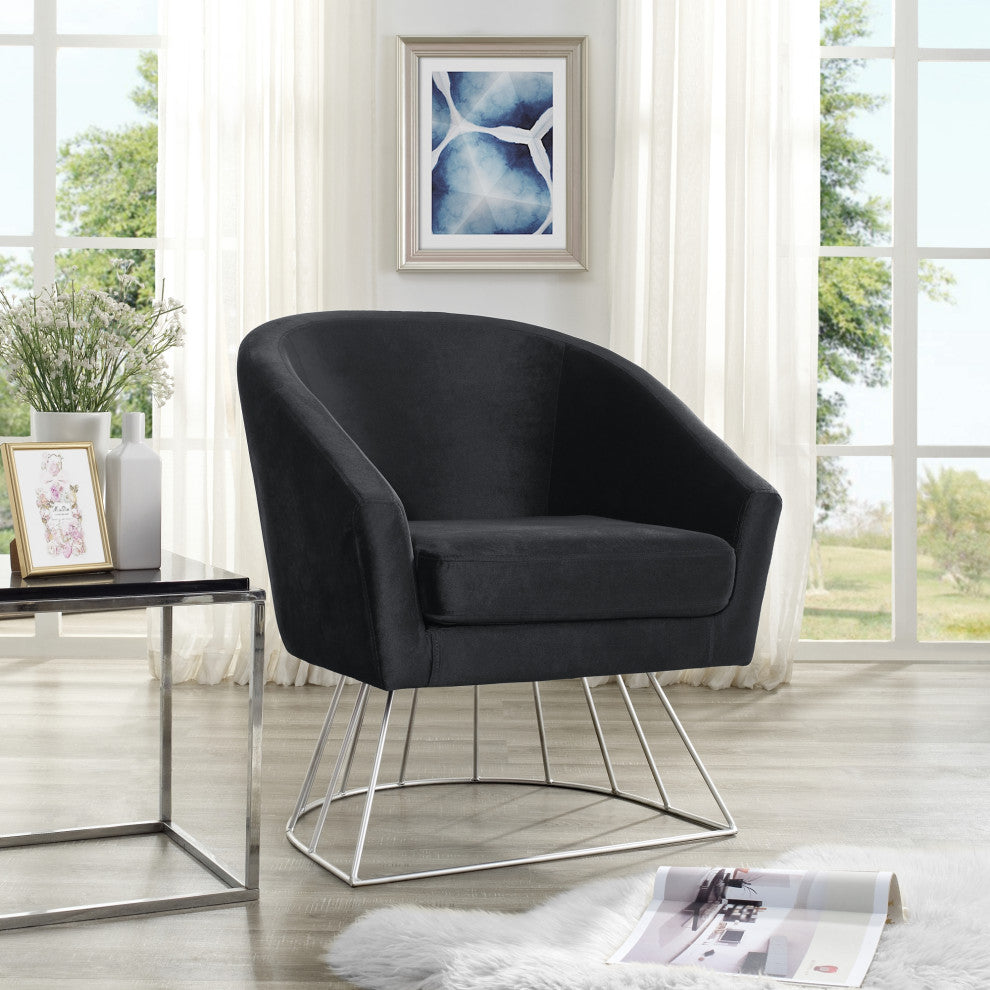 Alice Velvet Barrel Accent Chair With Metal Base, Black and Silver