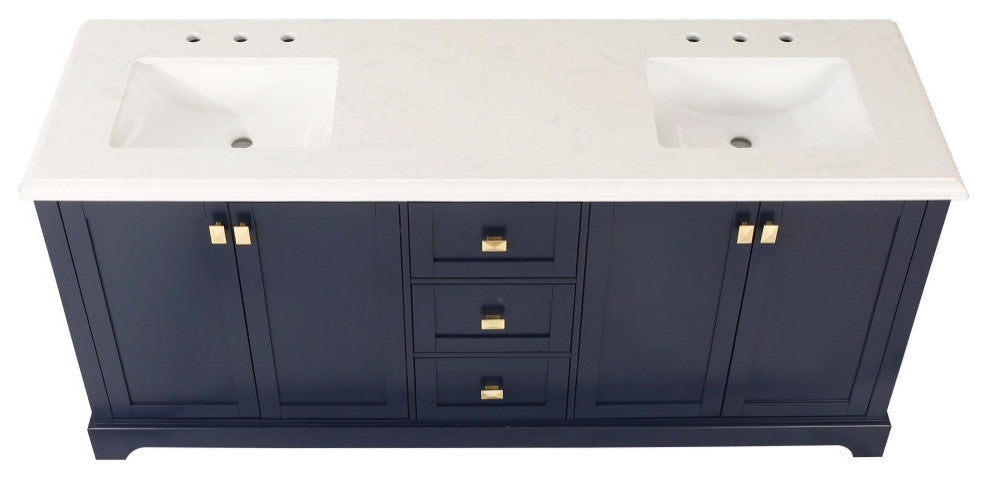 Freestanding Double Bathroom Vanity with White Carrara Marble Top, Navy Blue, 72"