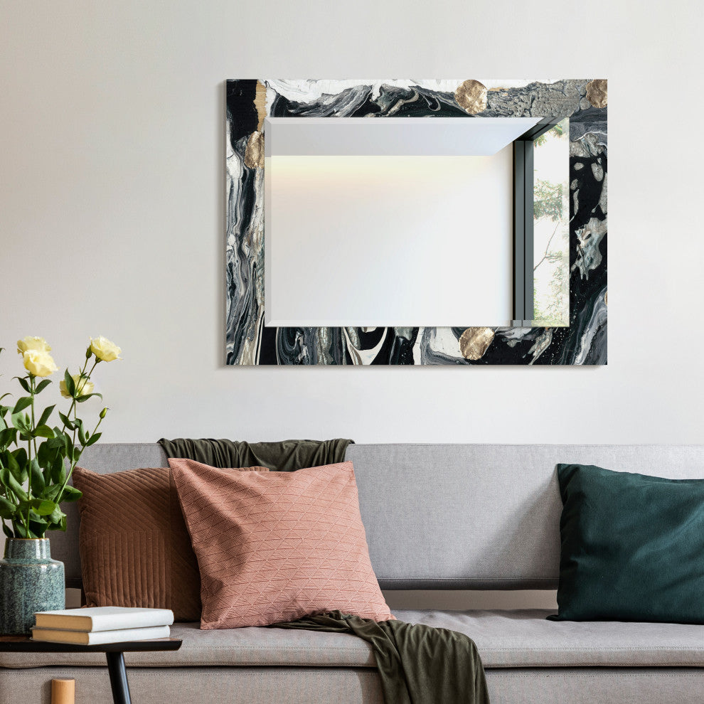 "Ebony and Ivory" Beveled Mirror on Printed Abstarct Tempered Art Glass, 40x30"