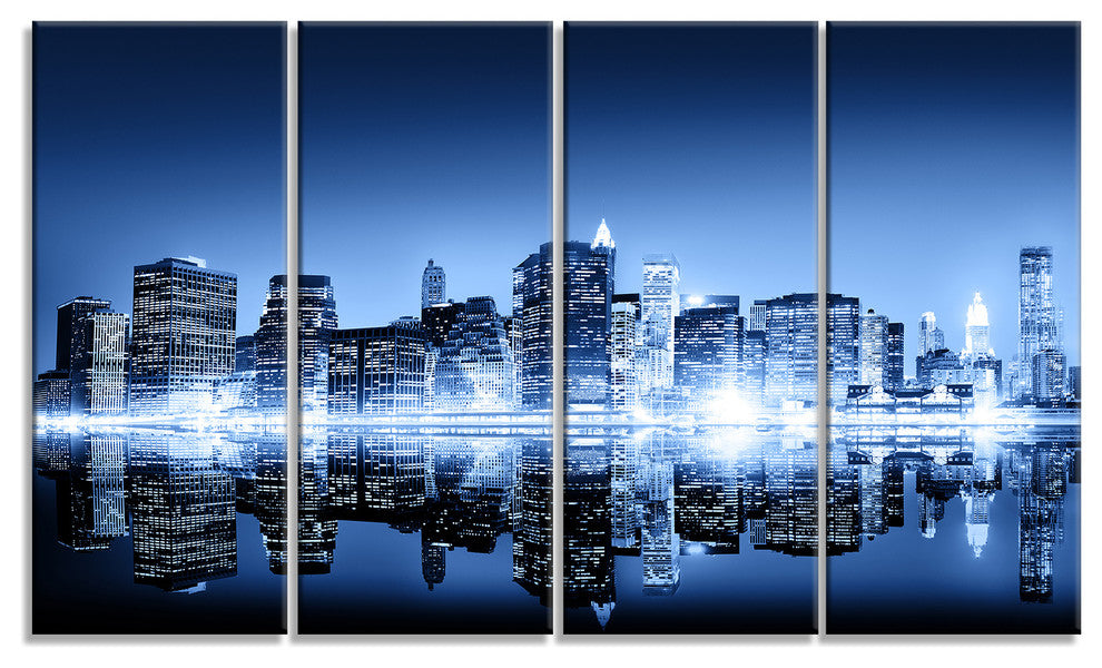 "Night New York City Mirrored" Cityscape Artwork Canvas, 4 Panels, 48"x28"