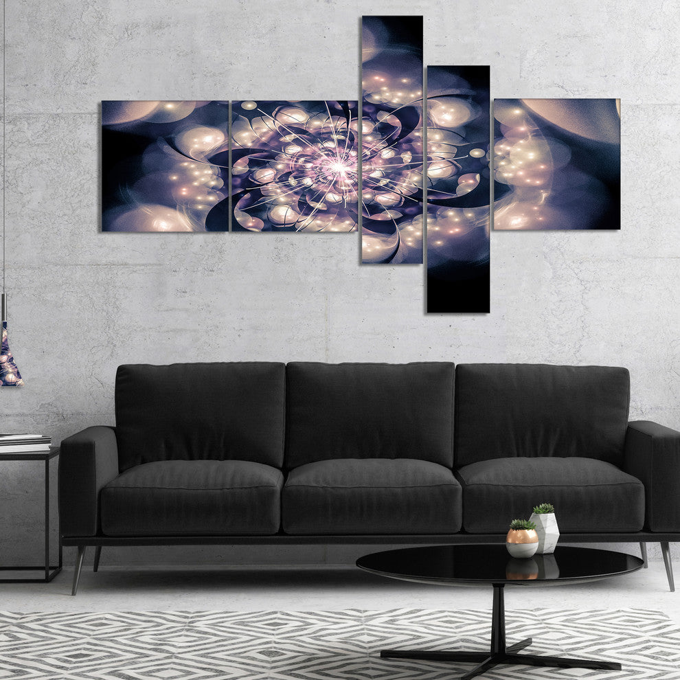 Black White Fractal Flower in Dark, Floral Canvas Art print, 60"x32", 5 panels