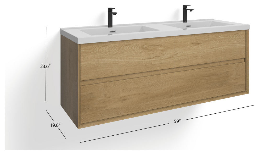 The Daria Bathroom Vanity, White Oak, 60", Double Sink, Wall Mount