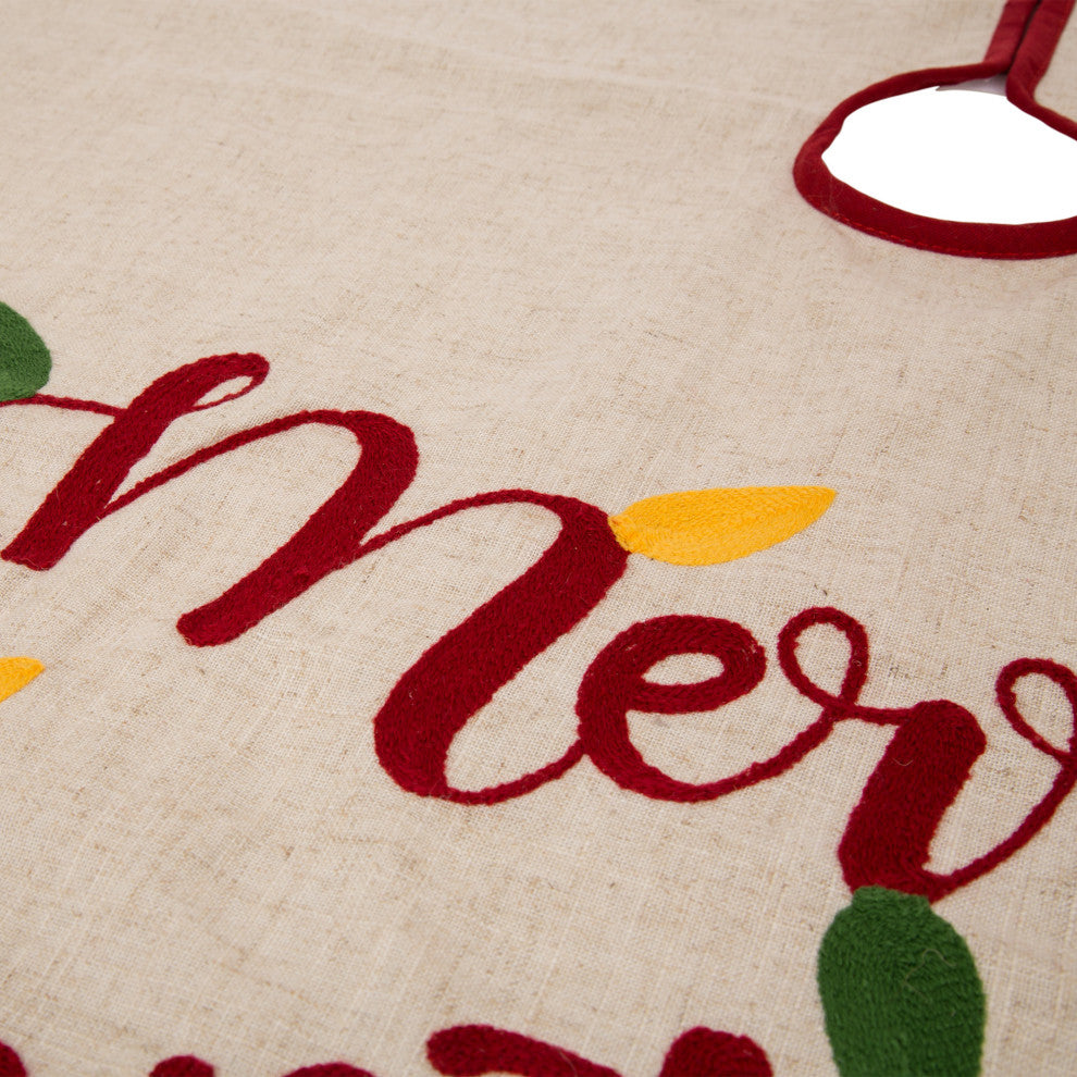 Set of 3 LED Embroidered Linen Christmas Decoration, Stocking and Tree Skirt
