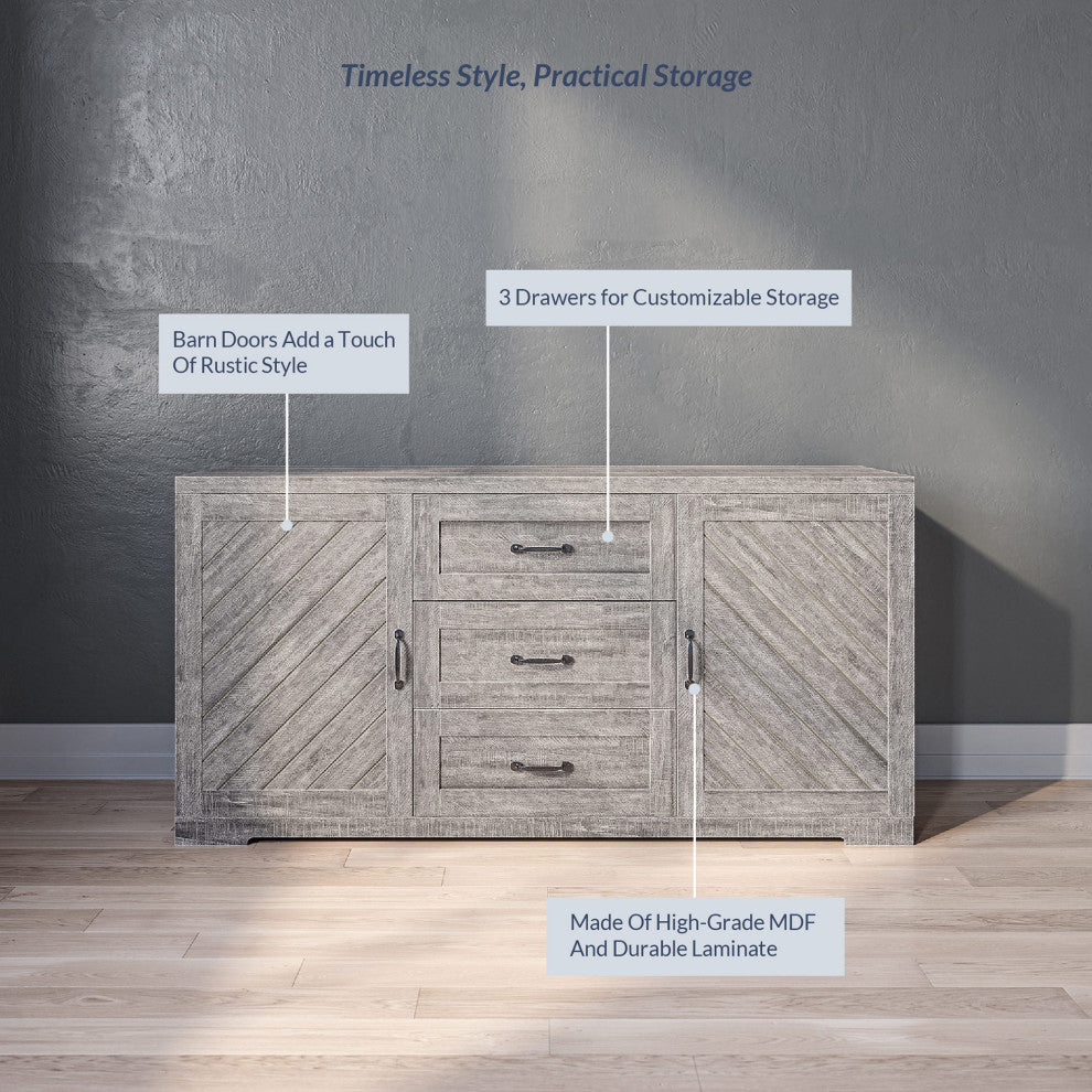 Sideboard, Console Table Or Buffet With Three Drawers & Four Shelves, Gray Wash