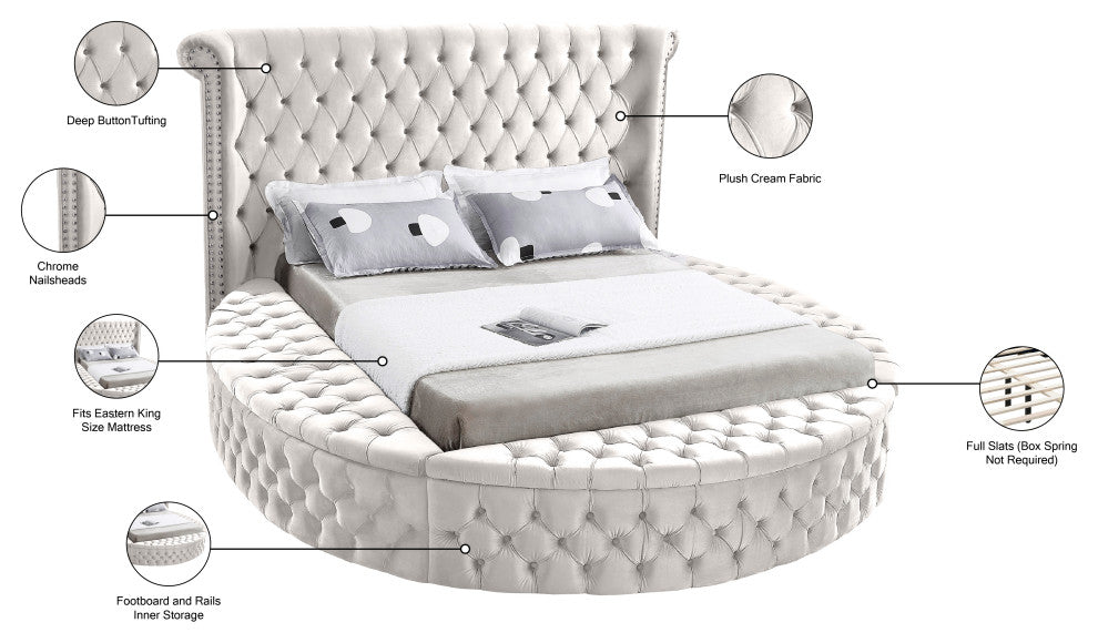 Luxus Button Tufted Velvet Round Bed, Cream, King